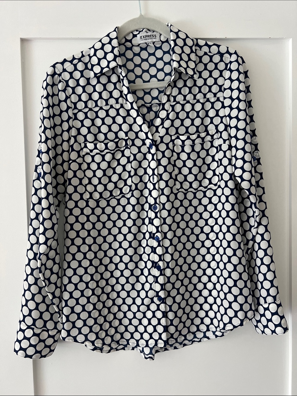 Express Navy and White Polka Dot Button-Down Shirt